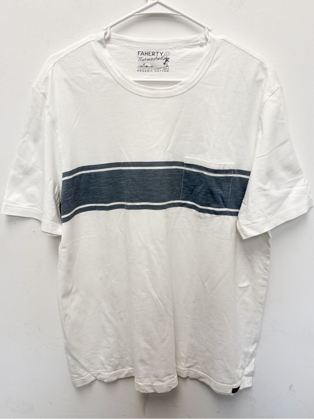 Faherty White Crewneck Tee with Navy Chest Stripe